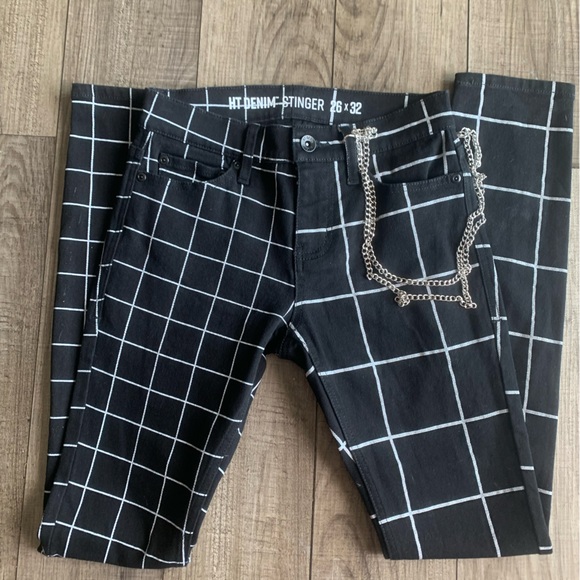 Hot Topic black and white double grid stringer skinny jeans Mens size 26. NWOT - Picture 5 of 5